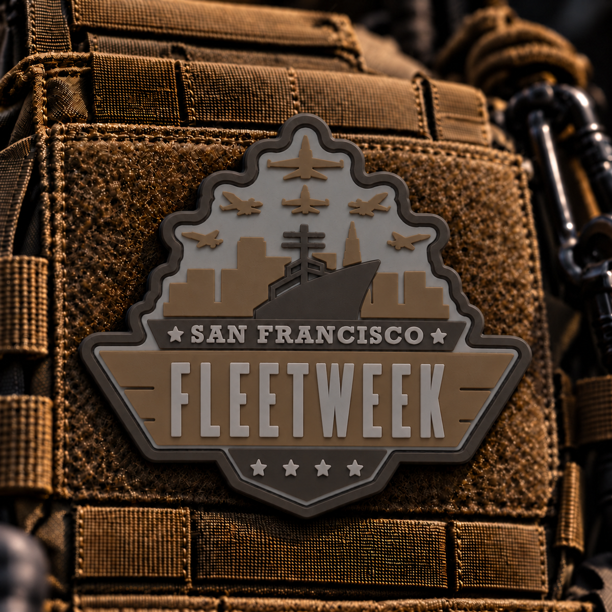 2026 San Francisco Fleet Week PVC morale patch in Desert Khaki (tan, brown and offwhite), on tactical fabric
