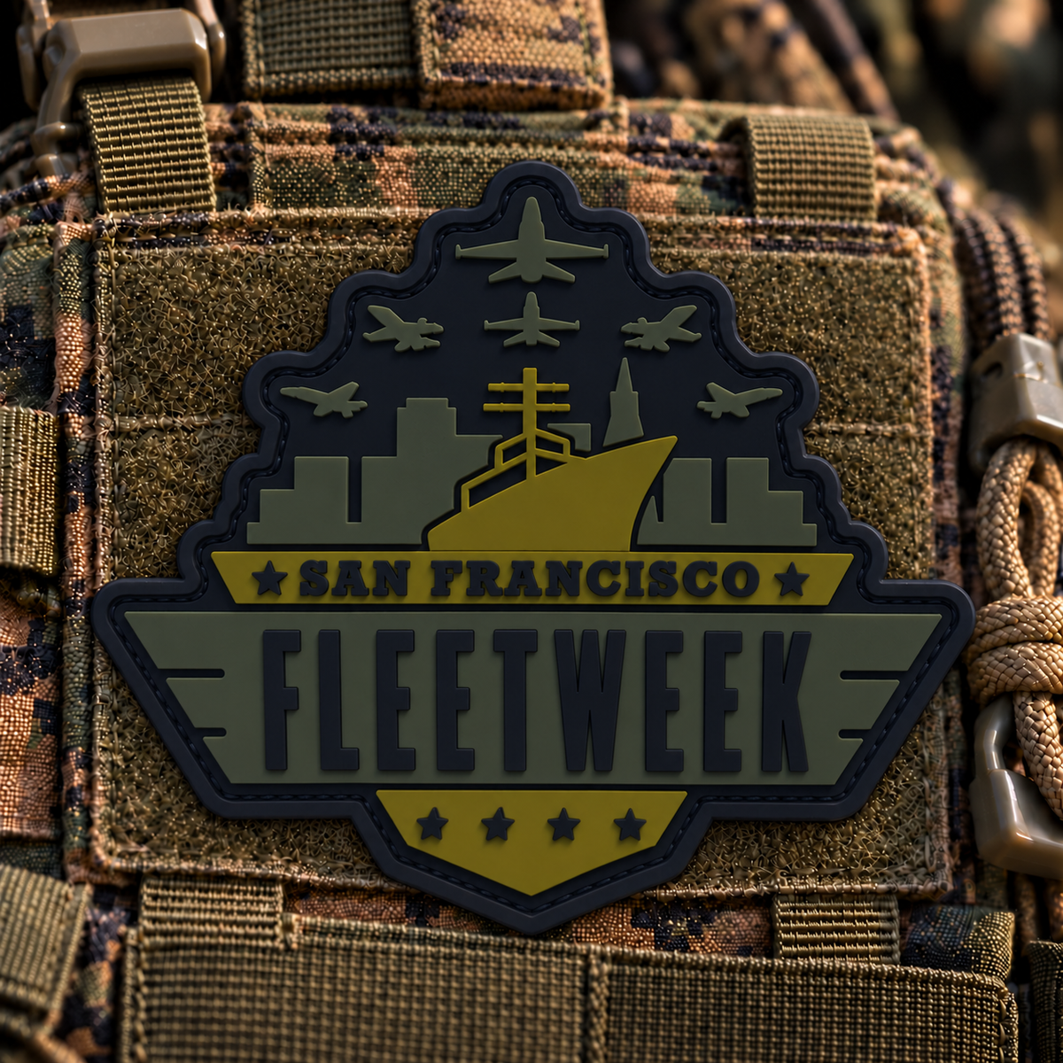 2026 San Francisco Fleet Week PVC morale patch in USMC Green (dark green with contrasting accents), on tactical fabric