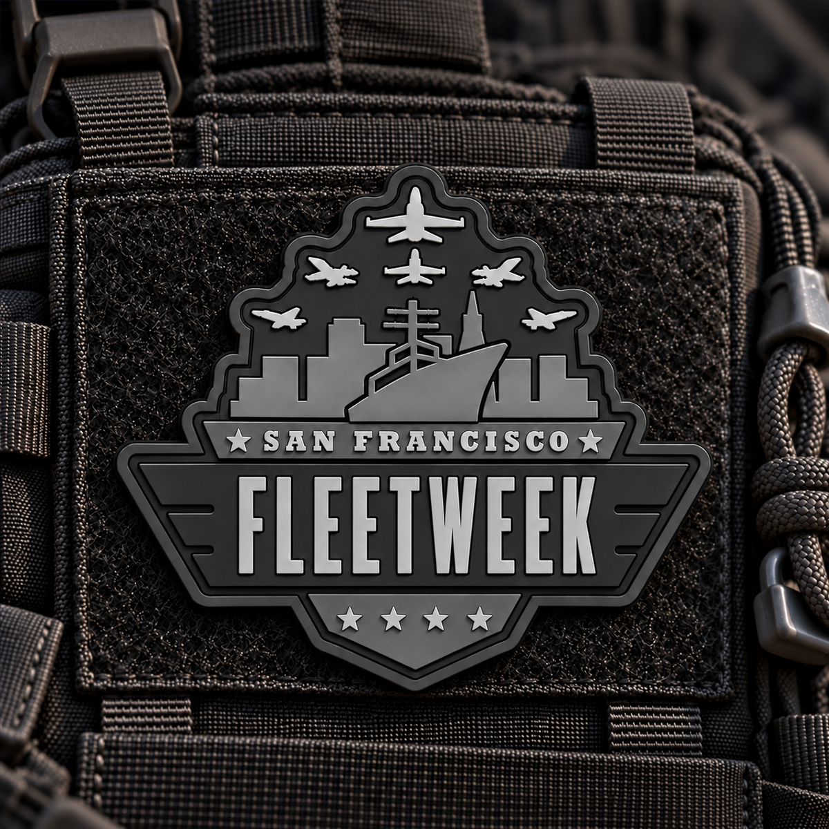 2026 San Francisco Fleet Week PVC morale patch in Dark Ops (black and grey), on tactical fabric