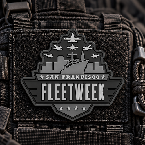 2026 San Francisco Fleet Week PVC morale patch in Dark Ops (black and grey), on tactical fabric
