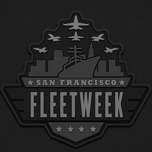 San Francisco Fleet Week PVC morale patch in black and grey with naval ship, aircraft silhouettes, city skyline and four stars
