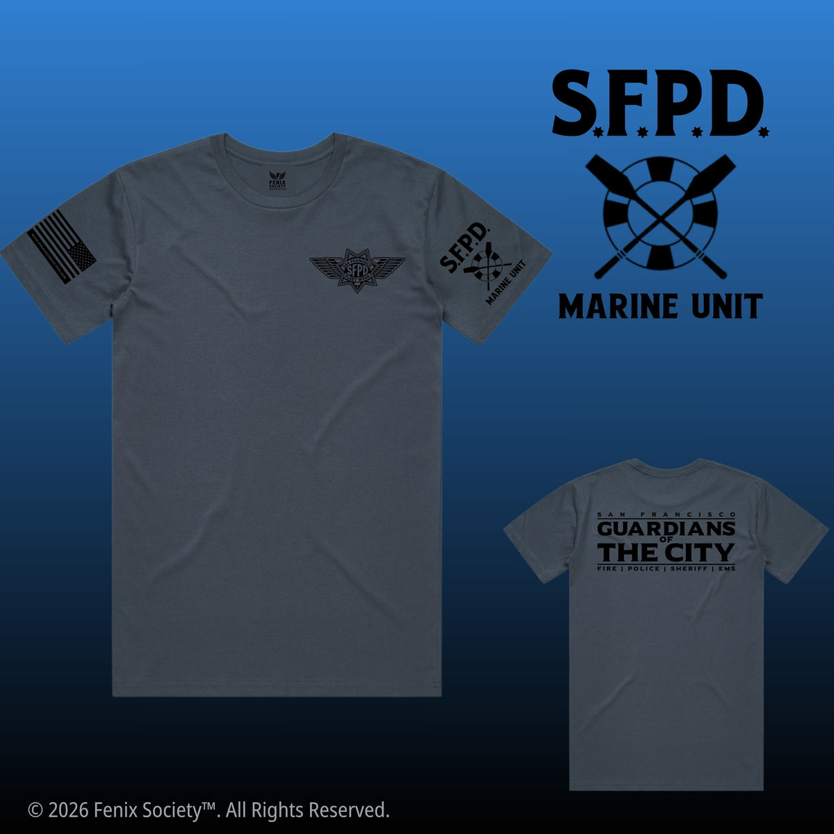 Front and back mockups of the SFPD Marine Unit Fleet Week PURE ZERO duty T-shirt in Farallon Blue