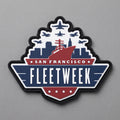 San Francisco Fleet Week PVC morale patch in red, white and blue with naval ship, aircraft silhouettes, city skyline and four stars