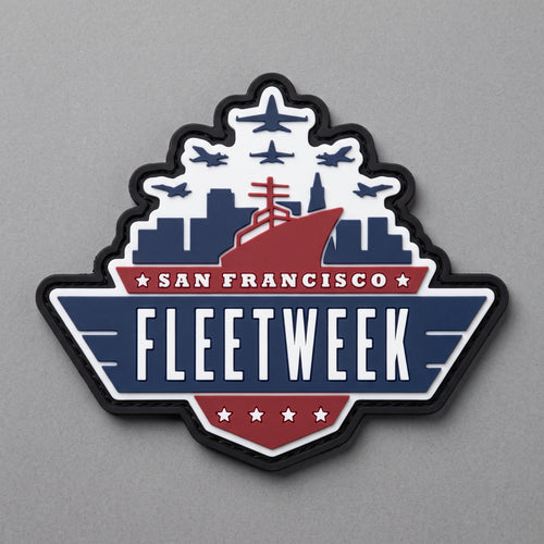 San Francisco Fleet Week PVC morale patch in red, white and blue with naval ship, aircraft silhouettes, city skyline and four stars