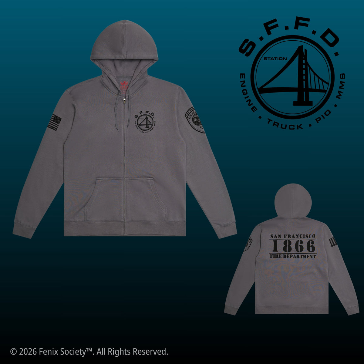 Front and back mockups of the SFFD Station 4 PIO RELAX zip hoodie in Battleship Grey