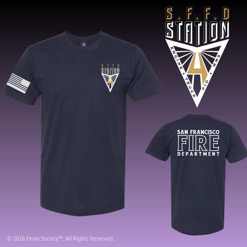 Front and back mockups of the SFFD Station 4 V-Squad PURE ZERO duty T-shirt in Navy Blue