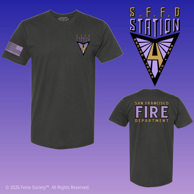 SFFD Station 4 V-Squad PURE ZERO Uni-Fit shirt in Richmond Coal Gray, front and back with purple and gold graphics