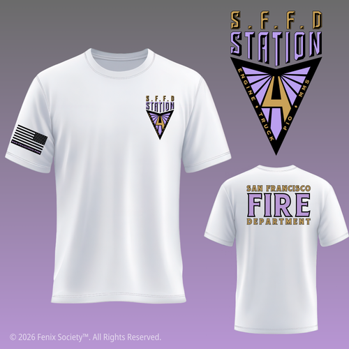 Front and back mockups of the SFFD Station 4 V-Squad PURE ZERO duty T-shirt in White