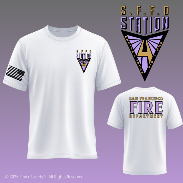 Front and back mockups of the SFFD Station 4 V-Squad PURE ZERO™ Uni-Fit duty T-shirt in White