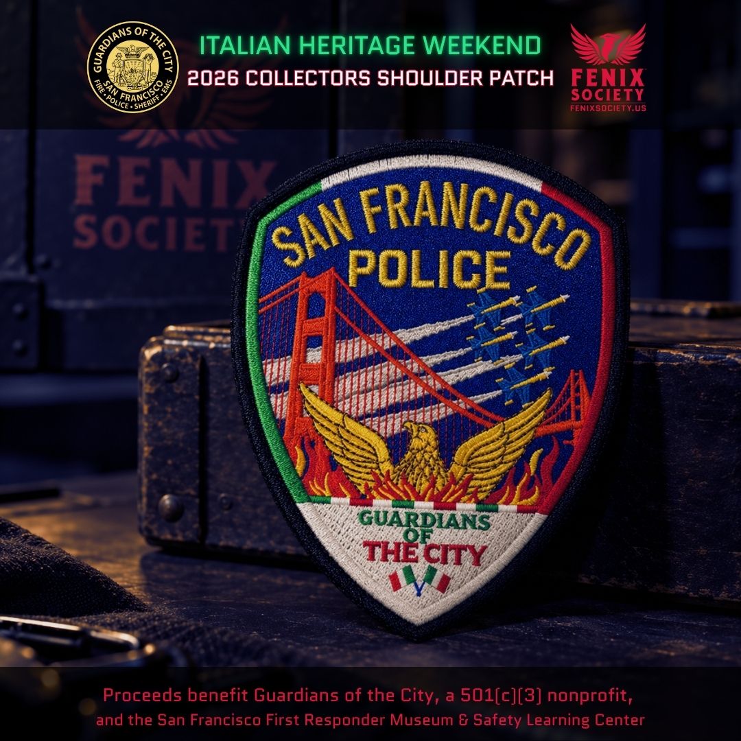 2026 SFPD Italian Heritage Weekend collector patch with Italian tricolor accents, Golden Gate Bridge, military jets, phoenix and Guardians of the City lettering.