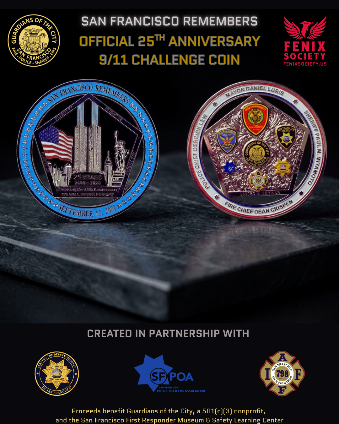 Official 25th Anniversary 9/11 Challenge Coin commemorative coin set from the San Francisco Remembers and Femix Society, featuring two detailed challenge coins on a dark textured background.