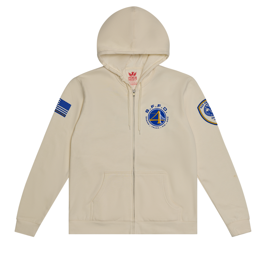 Front mockup of the SFFD Station 4 City Champions RELAX zip hoodie in Vintage White