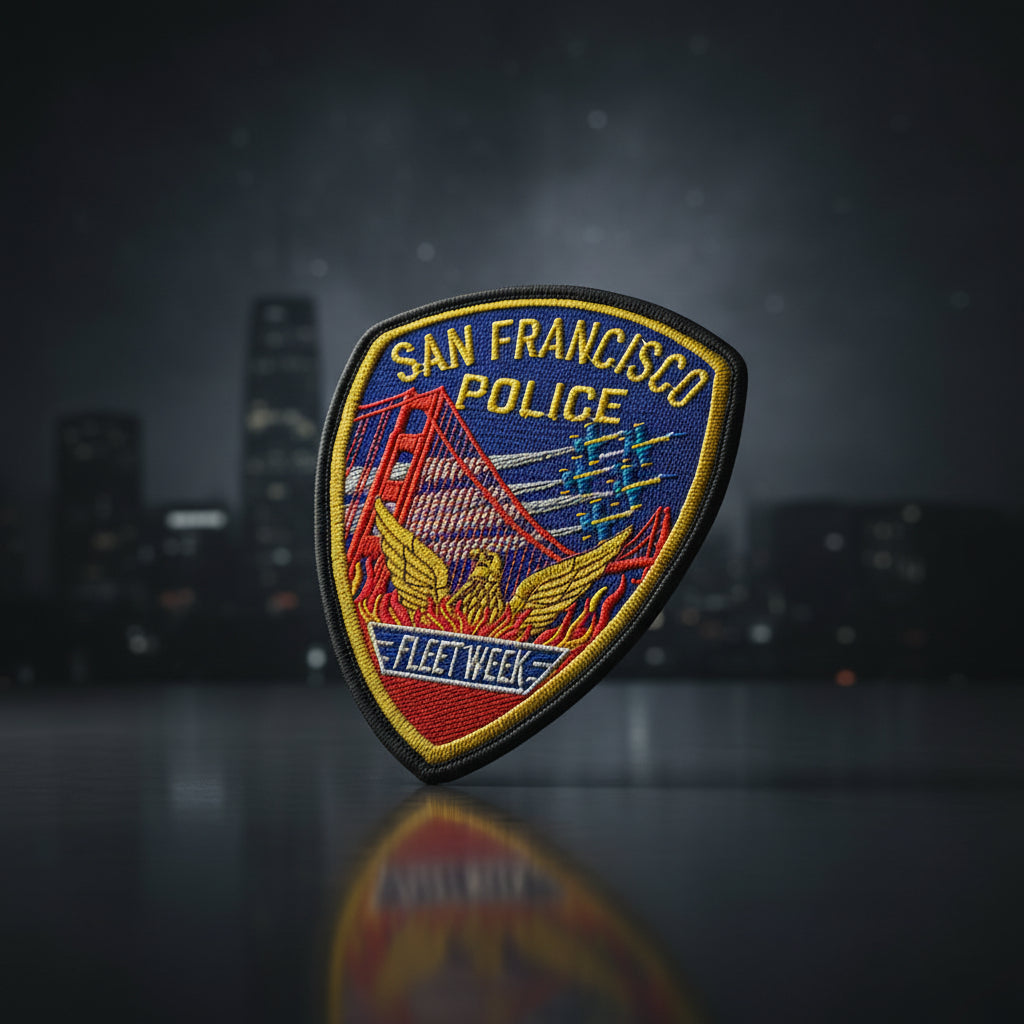 Official 2026 San Francisco Fleet Week SFPD collector patch with Golden Gate Bridge and military jet formation