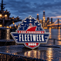 2026 San Francisco Fleet Week collector pin in red and navy enamel with silver detailing against the San Francisco waterfront