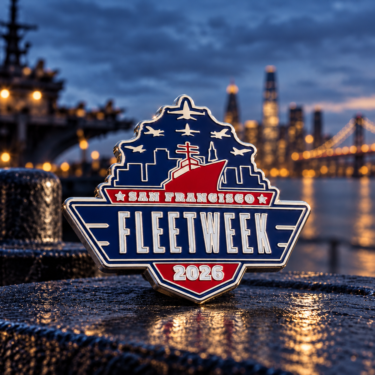 2026 San Francisco Fleet Week collector pin in red and navy enamel with silver detailing against the San Francisco waterfront