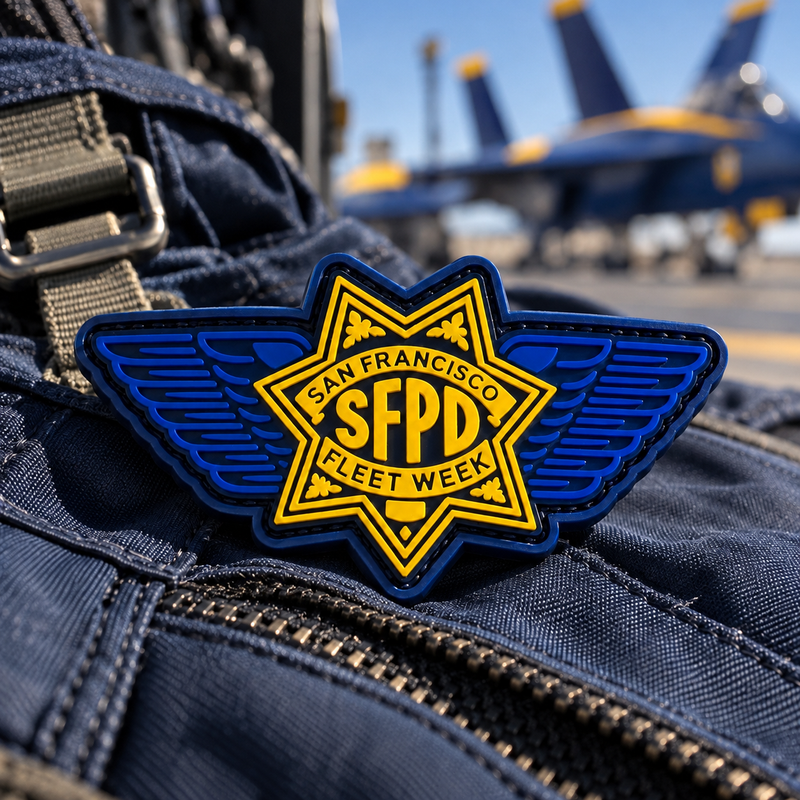 Blue & Yellow SFPD Fleet Week morale patch with a seven-point star and wings