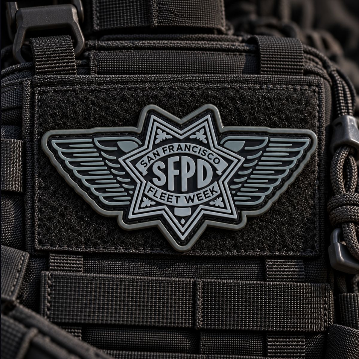 Dark Ops Black/Grey SFPD Fleet Week morale patch with a seven-point star and wings