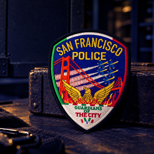 SFPD Italian Heritage Weekend 2026 embroidered collector patch with Italian tricolor border, Golden Gate Bridge, jets and phoenix.