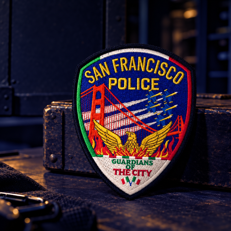 SFPD Italian Heritage Weekend 2026 embroidered collector patch with Italian tricolor border, Golden Gate Bridge, jets and phoenix.