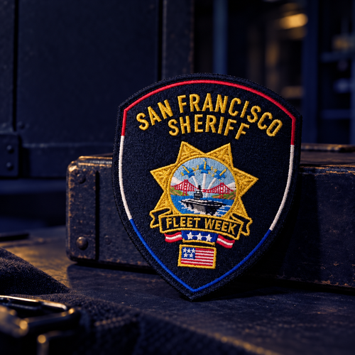 San Francisco Sheriff's Office Fleet Week 2026 embroidered collector patch with gold sheriff star, Golden Gate Bridge, ship, jets and American flag.