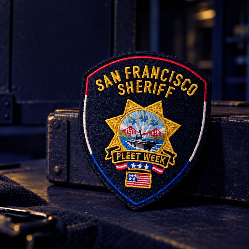 San Francisco Sheriff's Office Fleet Week 2026 embroidered collector patch with gold sheriff star, Golden Gate Bridge, ship, jets and American flag.